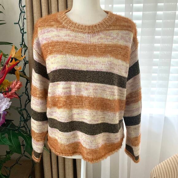3/$15 All In Favor Soft Fuzzy Striped Sweater in Pink Brown Multi - Picture 1 of 9